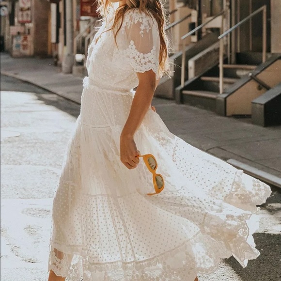 Boho gypsy lace dot maxi dress white tier Never Worn - Picture 1 of 5